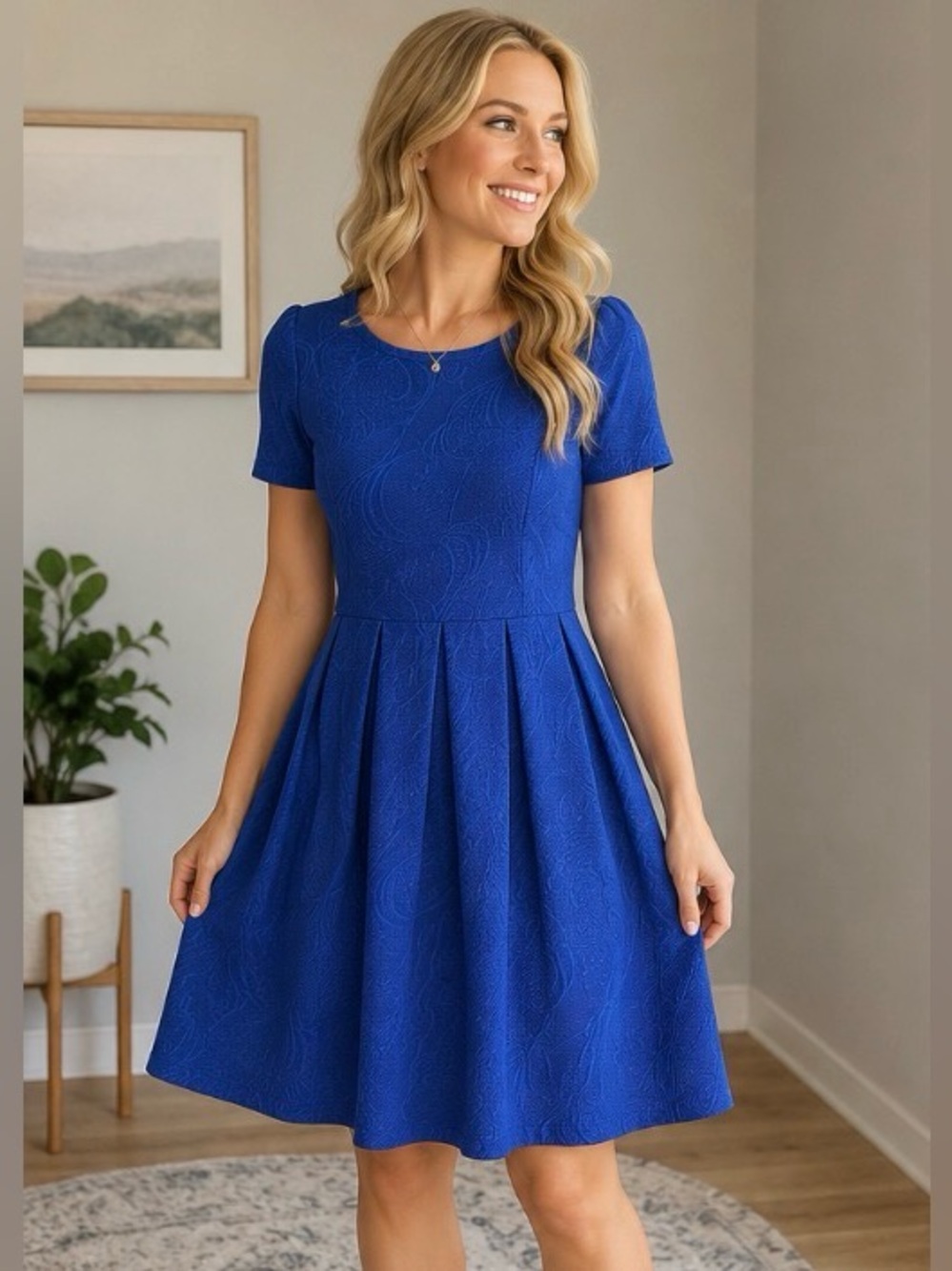 LuLaRoe Amelia L Dress Blue Textured Jacquard Fit & Flare Short Sleeve Classic